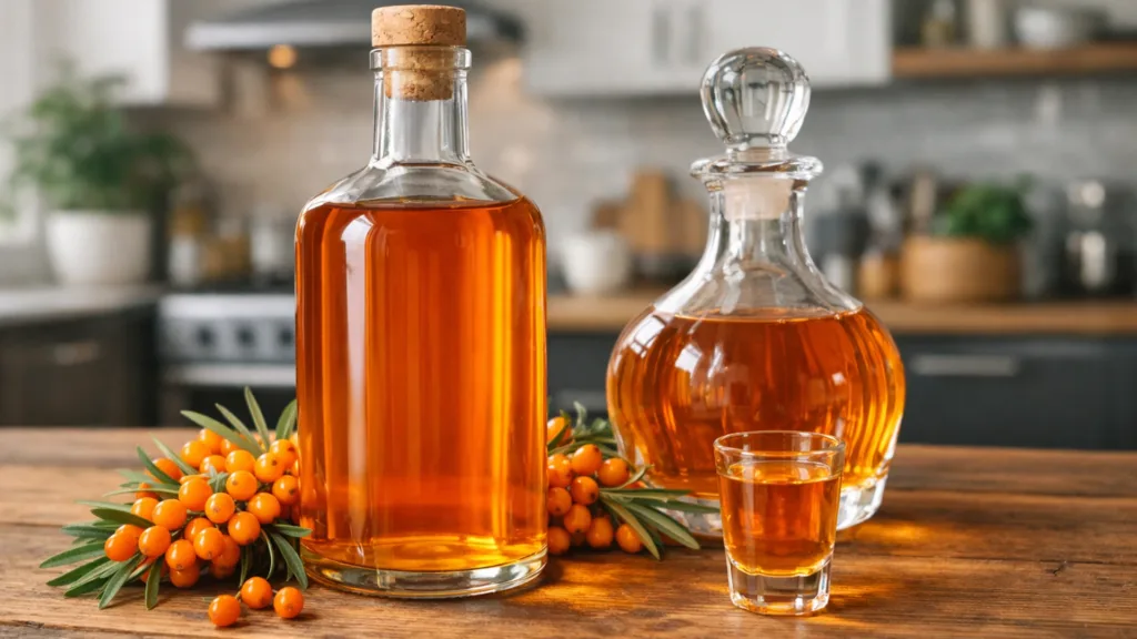 Облепиховая алкогольная настойка янтарного цвета