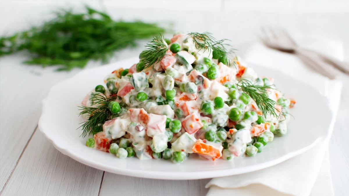 Фото блюда: Праздничный оливье с нежной текстурой и ярким вкусом