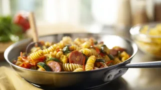 Фото рецепта: Овощная паста с копчеными колбасками для сытного ужина