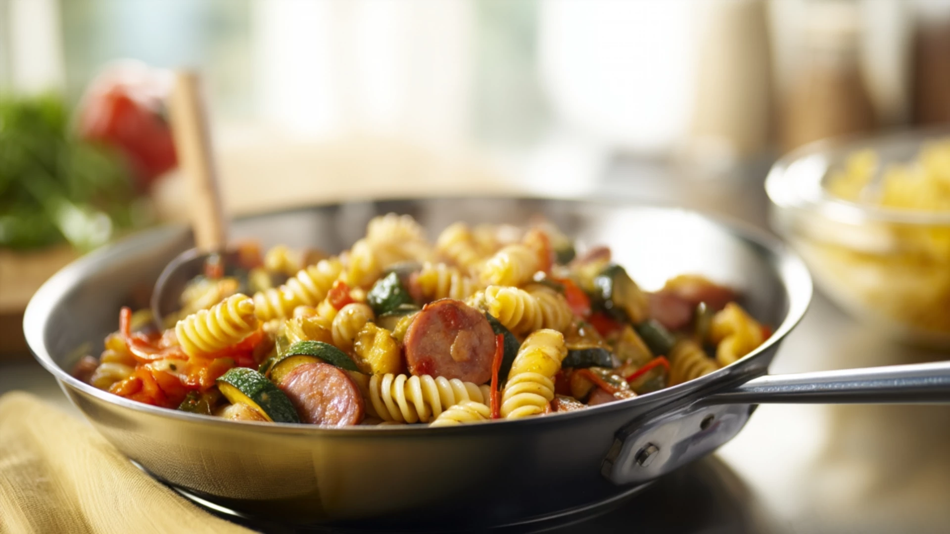 Фото блюда: Овощная паста с копчеными колбасками для сытного ужина