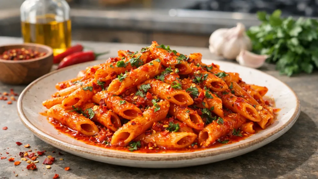 Пенне с соусом арабьята в ярком остром томатном соусе с хлопьями чили и свежей петрушкой на керамической тарелке в современной кухне