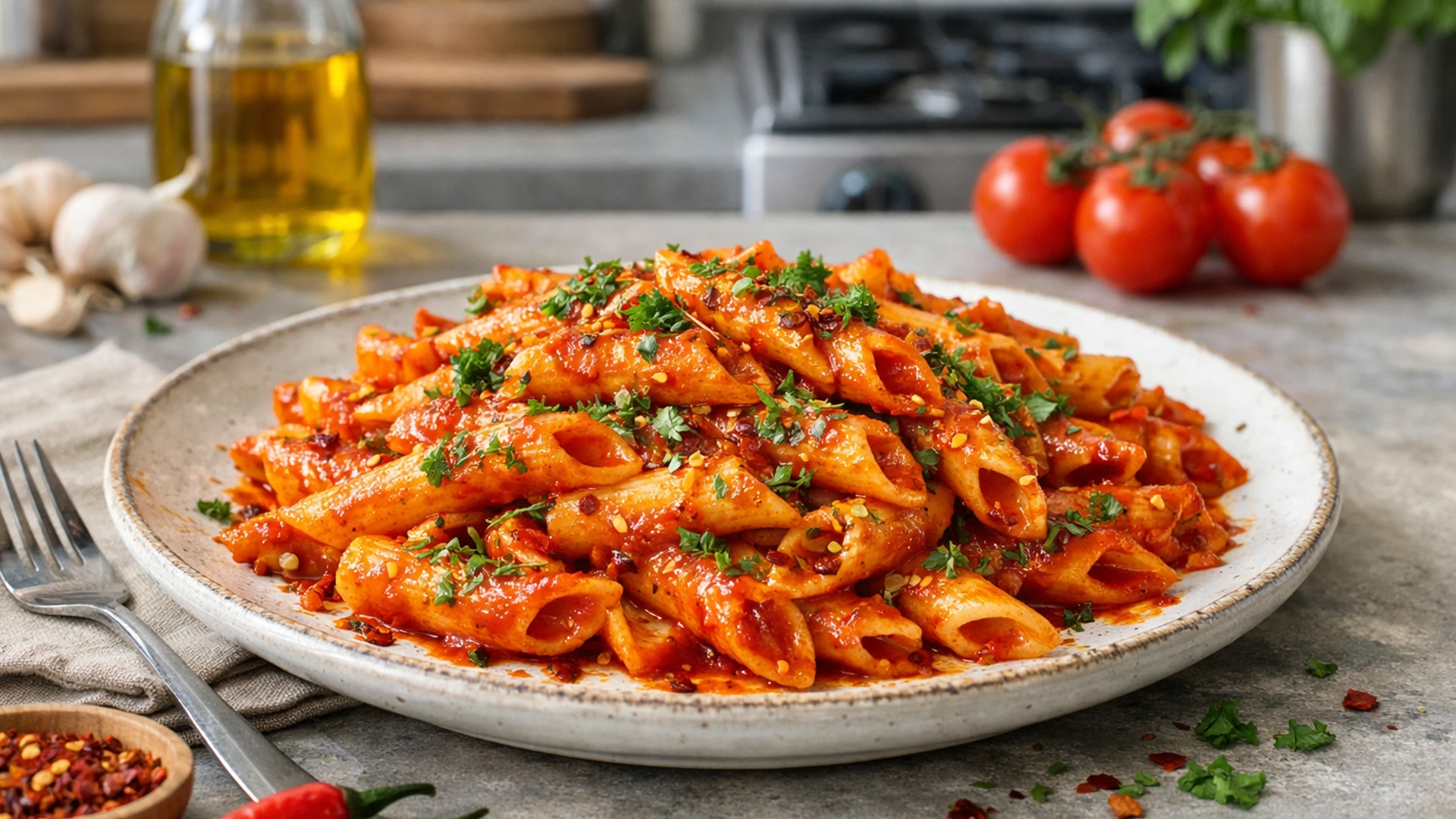 Фото блюда: Острые пенне арабьята с насыщенным томатным характером