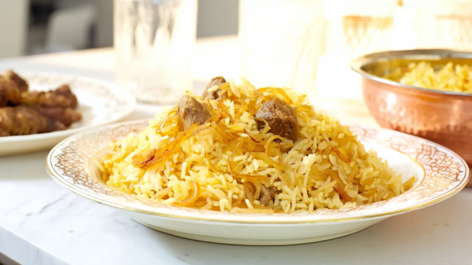 Фото блюда: Ароматный плов с мягким мясом и сладким золотистым луком