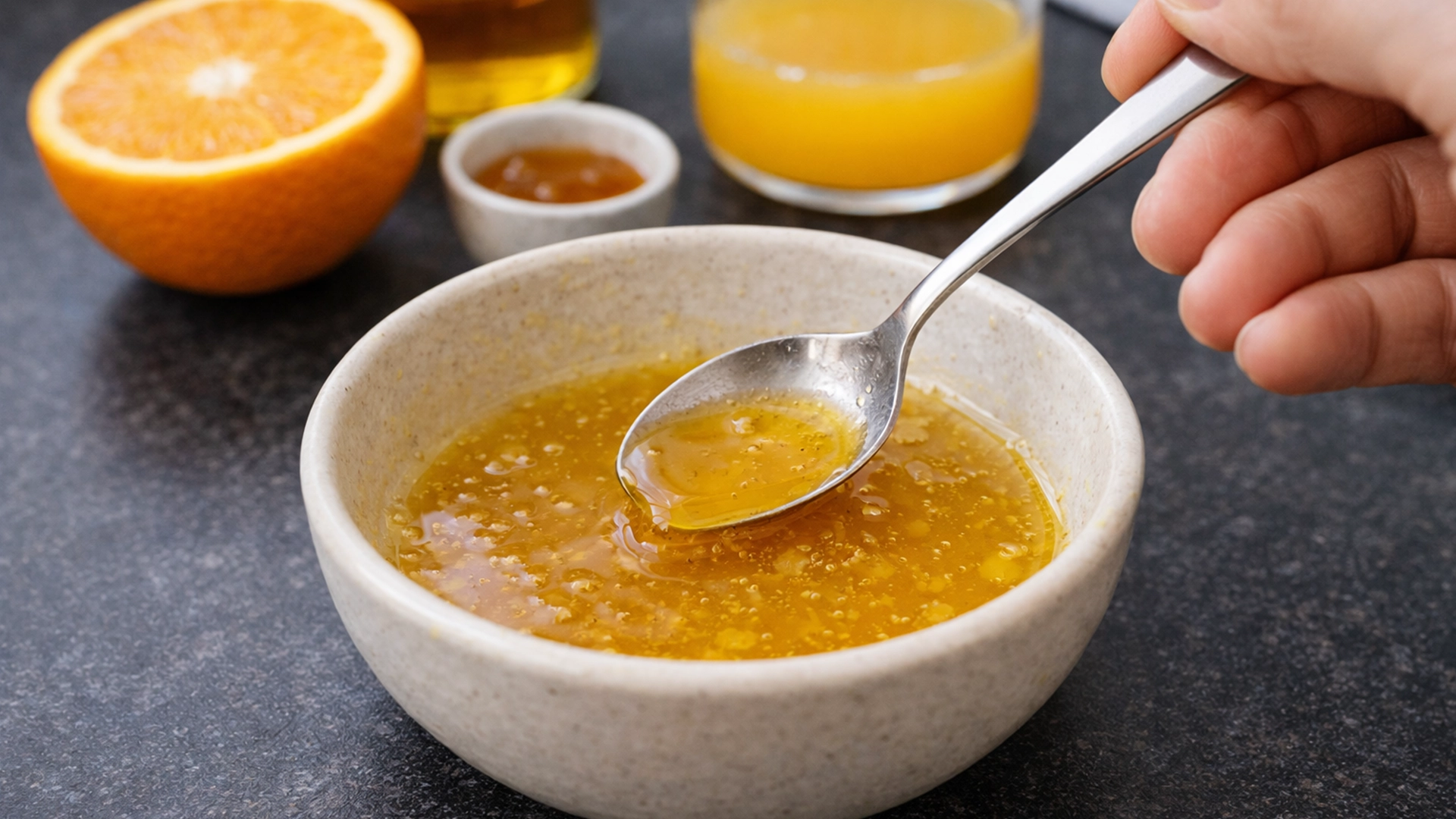 смешивание мёда масла и апельсинового сока