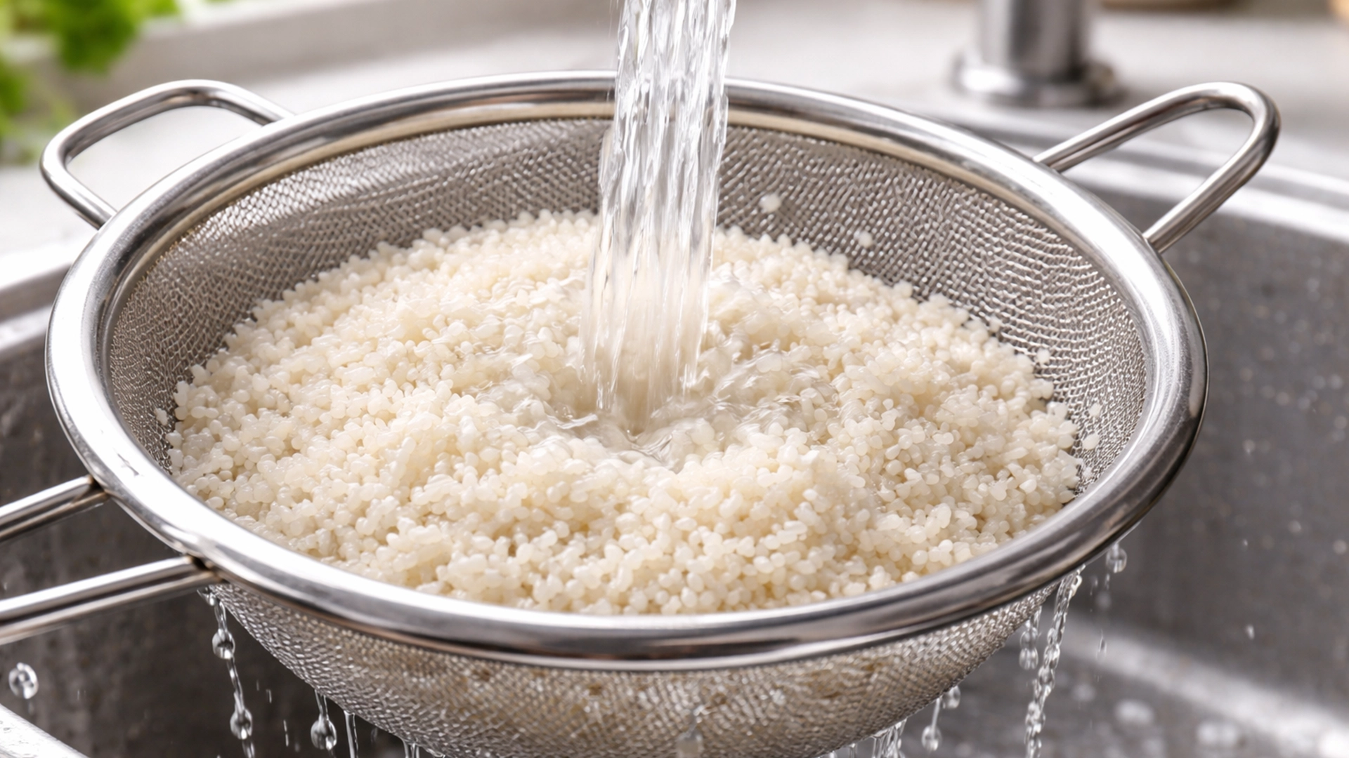 Промывание круглозёрного риса под холодной водой