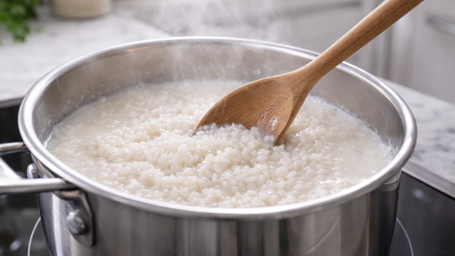 Рис варится в молоке в кастрюле