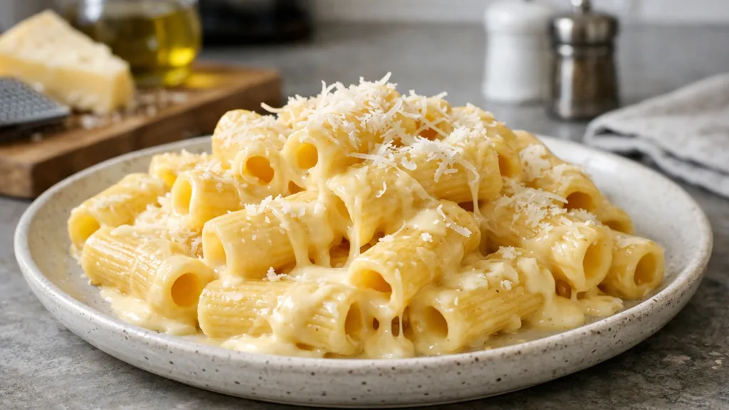 Ригатони с густым сырным соусом на керамической тарелке в современной кухне при мягком естественном свете