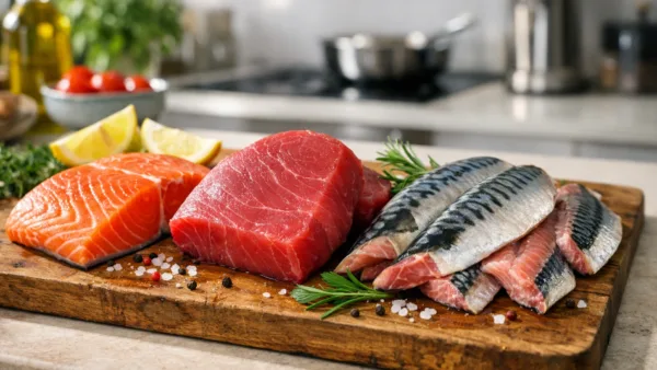 Рыбы с красным мясом на деревянной доске, лосось, тунец, скумбрия