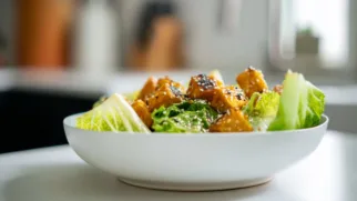 Фото рецепта: Салат романо с обжаренным тофу и кунжутом: легкий и питательный