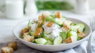 Фото рецепта: Легкий салат с огурцом и сухариками