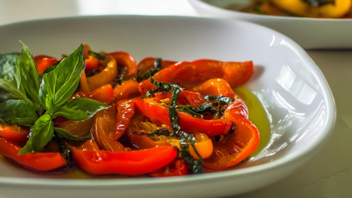 Фото блюда: Яркий салат с печёным перцем и ароматным оливковым маслом