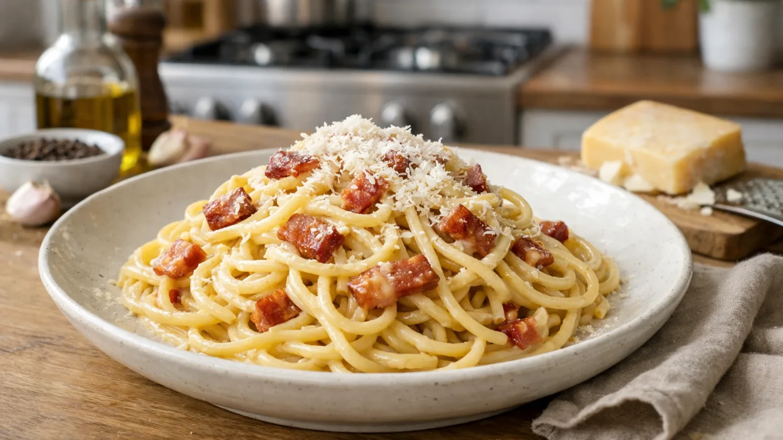 Фото блюда: Сливочные спагетти карбонара с насыщенным вкусом сыра и гуанчале