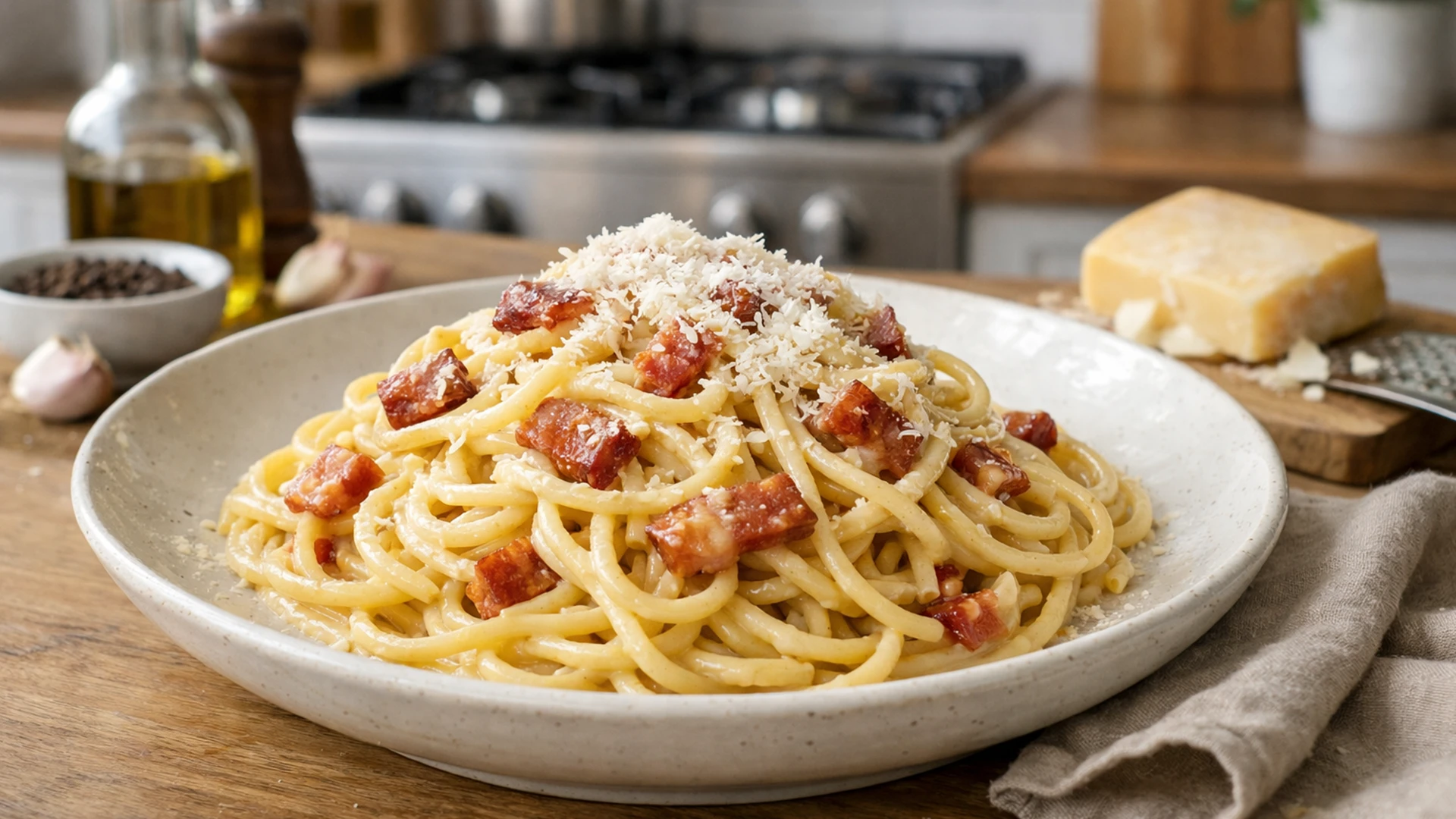 Фото блюда: Сливочные спагетти карбонара с насыщенным вкусом сыра и гуанчале