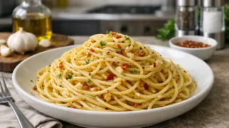 Фото рецепта: Ароматные спагетти с чесноком и золотистым оливковым маслом
