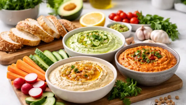 Ингредиенты и готовые намазки и дипы на рабочей поверхности кухни