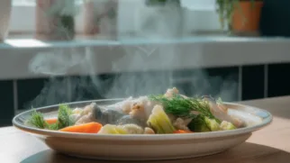 Фото рецепта: Стерлядь с овощами на пару – легкий и полезный рецепт