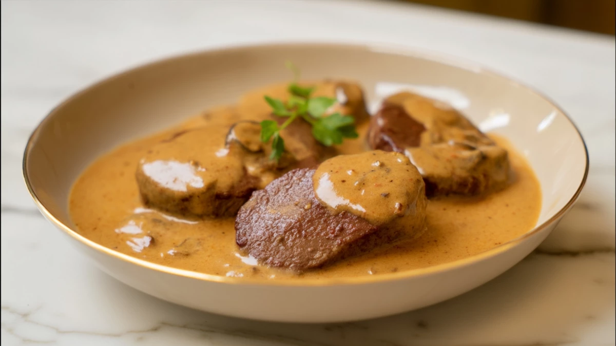 Фото блюда: Свиная вырезка в сливочном перцовом соусе — рецепт с калорийностью