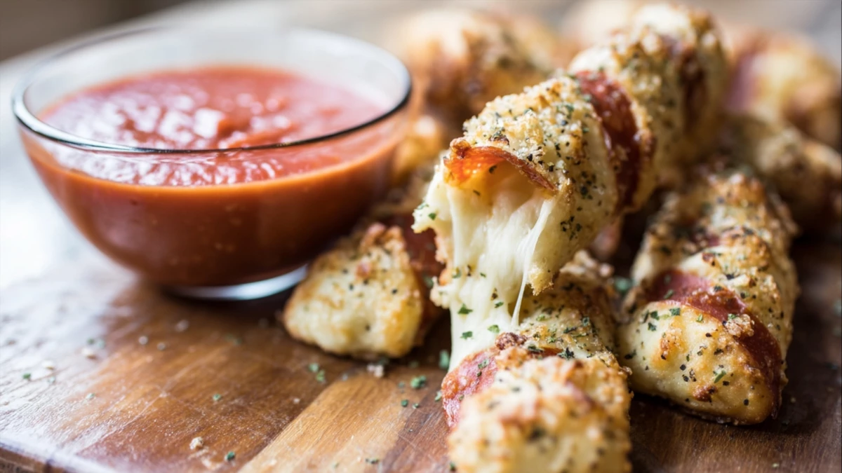 Фото блюда: Сырные палочки с пепперони с тянущейся серединой и румяной корочкой