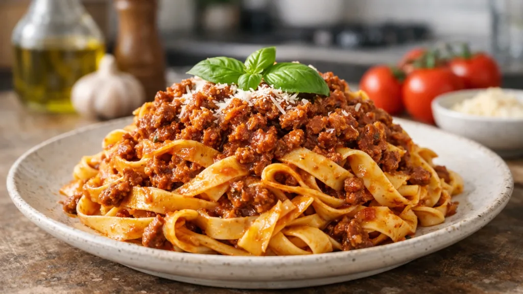 Тальятелле с густым соусом болоньезе на керамической тарелке крупным планом в современной кухне