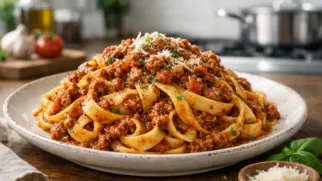 Фото рецепта: Насыщенные тальятелле с медленно томленным соусом болоньезе