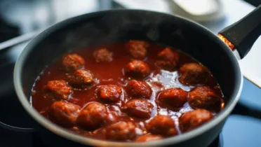 Фото блюда: Тефтели в ароматном кетчупном соусе с мягким луком