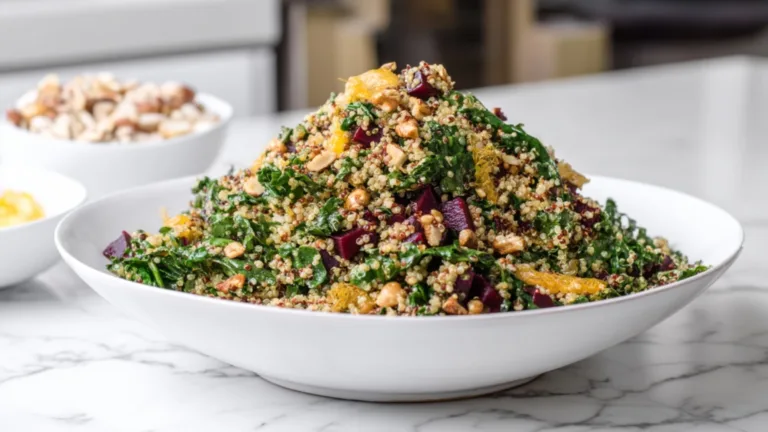 Фото блюда: Теплый салат со свекольной зеленью и киноа с цитрусовым акцентом