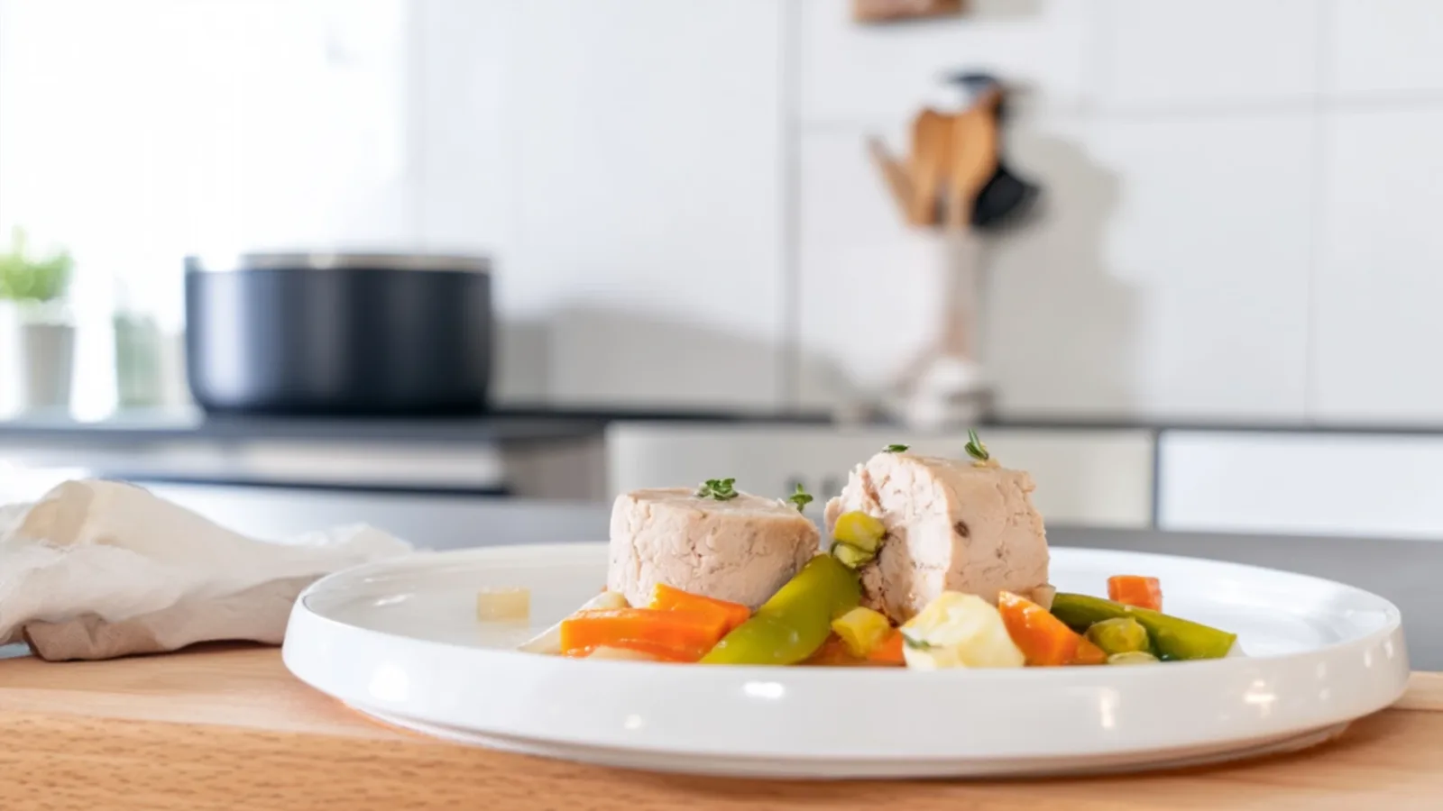 Фото блюда: Нежный тунец на пару с яркими овощами