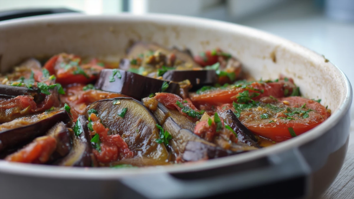 Фото блюда: Тушеные баклажаны с чабером ароматное блюдо с насыщенным вкусом