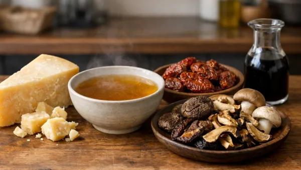 Продукты с выраженным вкусом умами на кухонной поверхности