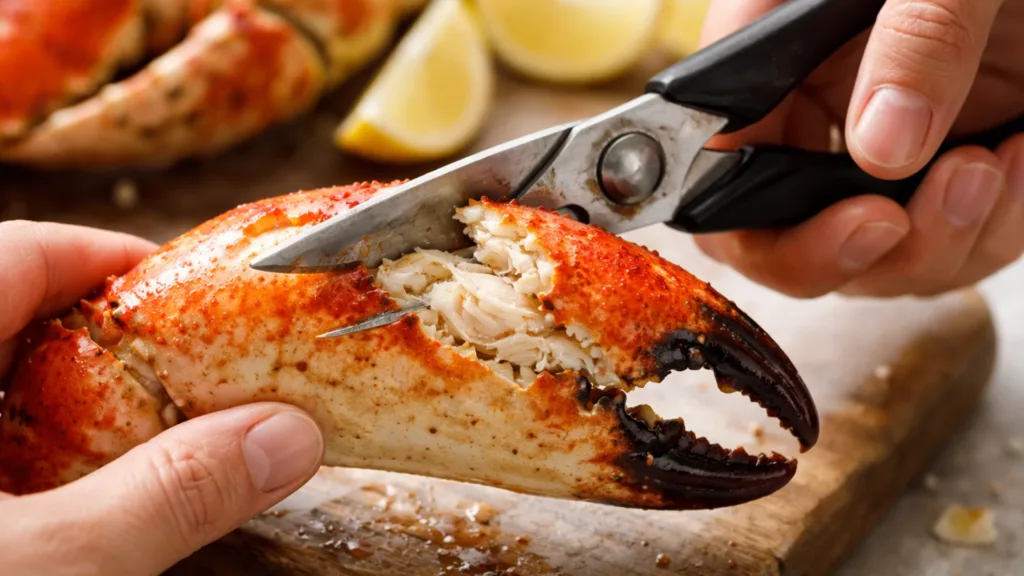 Вскрытие клешни краба ножницами