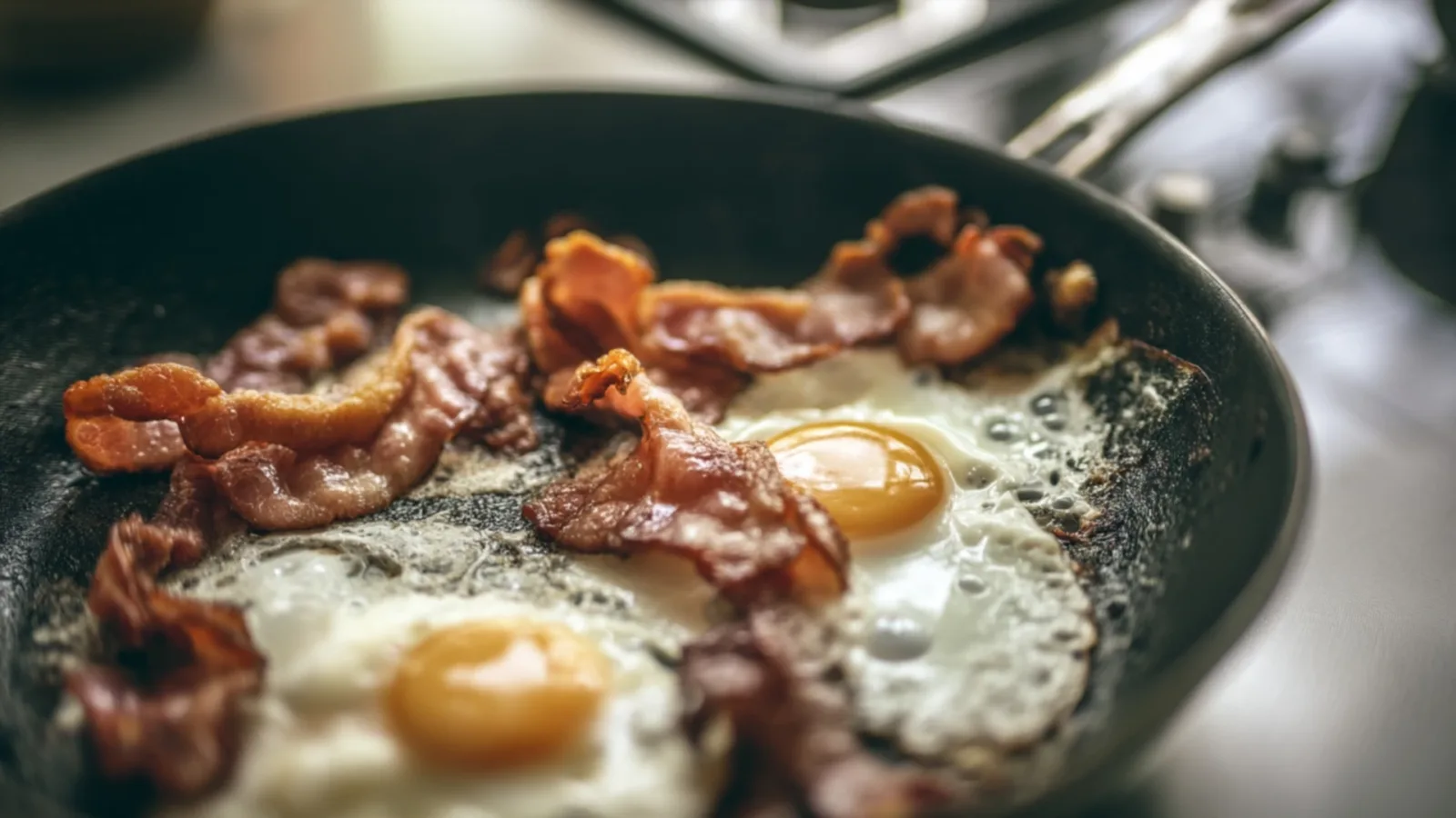 Фото блюда: Жареные яйца с беконом: вкусный завтрак с хрустящим беконом и нежными желтками
