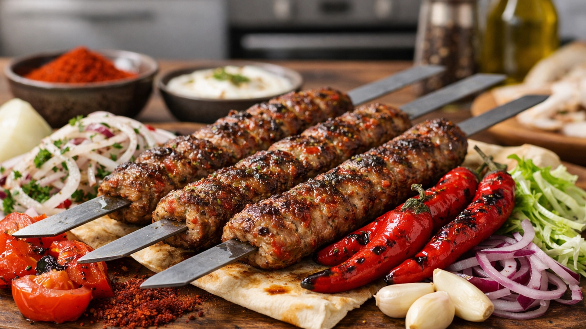 Фото блюда: Адана-кебаб из рубленой баранины с острым перцем