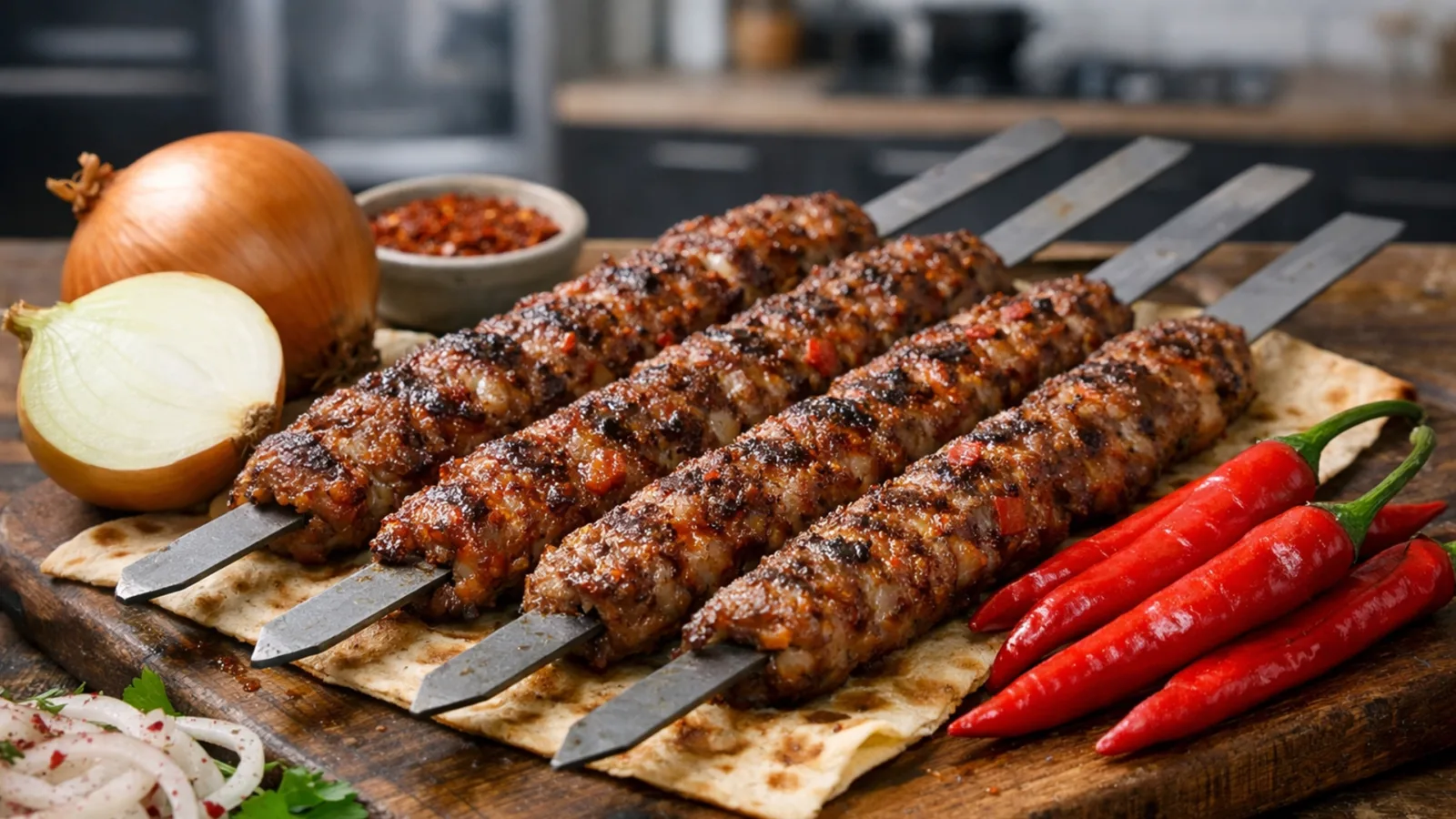 Фото блюда: Классический турецкий Адана-кебаб на шампурах