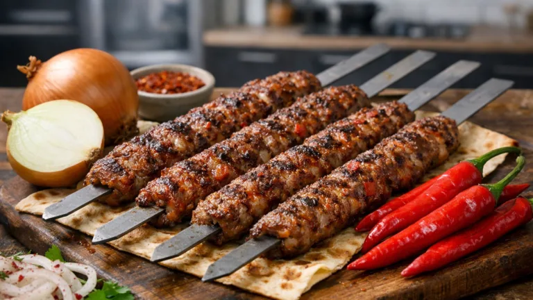 Фото блюда: Классический турецкий Адана-кебаб на шампурах