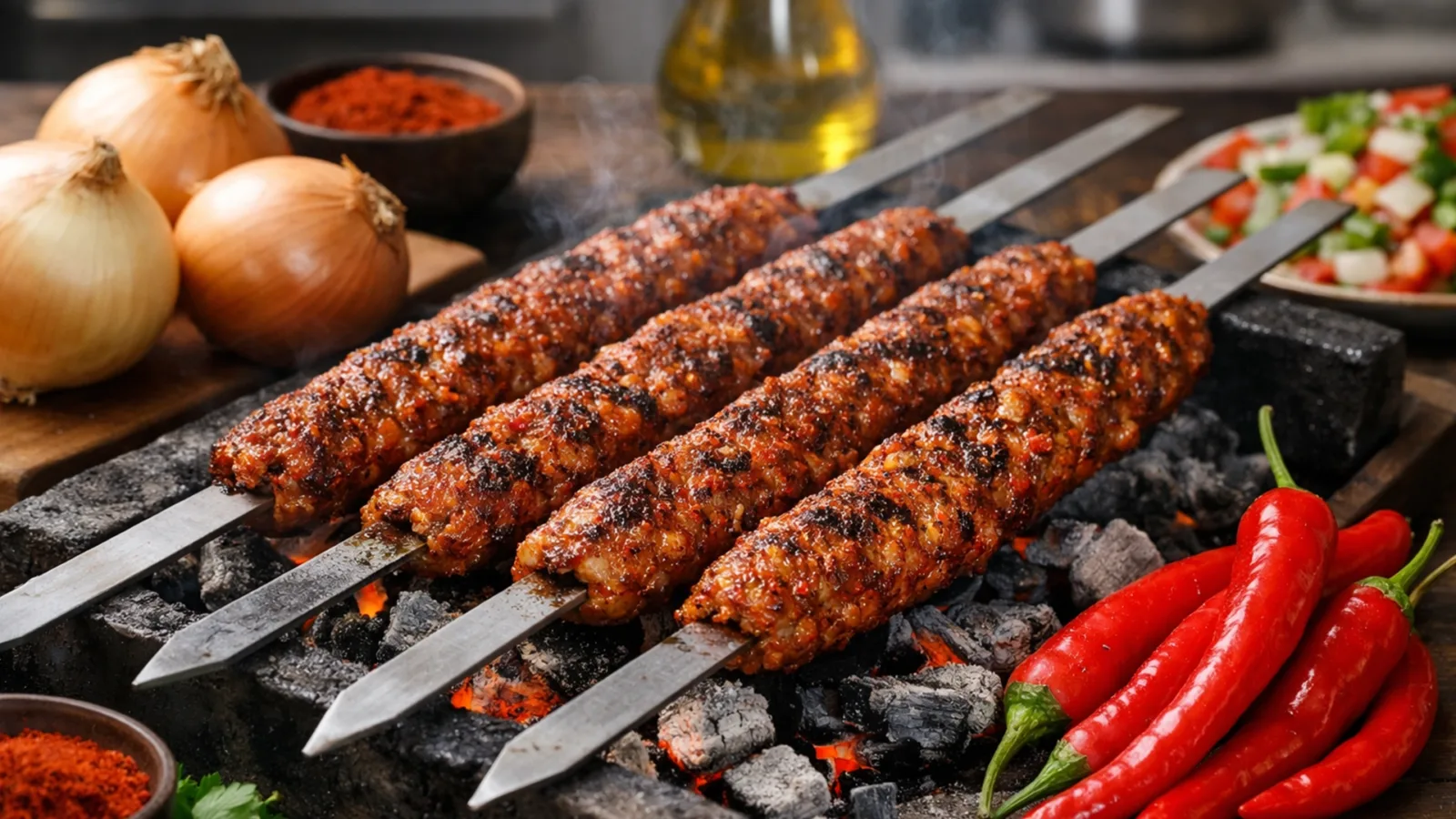 Фото блюда: Пряный Адана-кебаб из рубленого мяса на углях