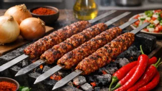 Фото рецепта: Пряный Адана-кебаб из рубленого мяса на углях