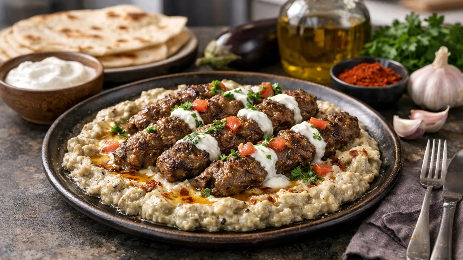 Фото блюда: Нежный кебаб с ароматным баклажанным пюре и сливочным соусом., рецепт с фото