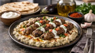 Фото рецепта: Нежный кебаб с ароматным баклажанным пюре и сливочным соусом.