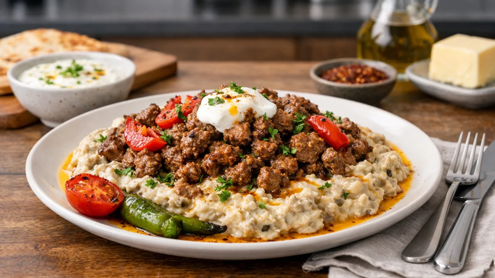 Фото блюда: Али-назик кебаб с запеченными баклажанами и йогуртовым соусом, рецепт с фото