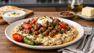 Фото рецепта: Али-назик кебаб с запеченными баклажанами и йогуртовым соусом