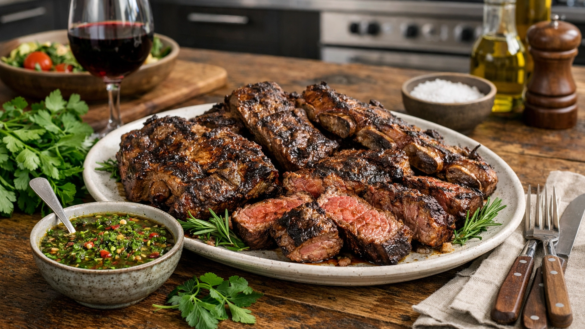 Фото блюда: Асадо мясо на углях с соусом чимичурри сочный рецепт уругвайской кухни