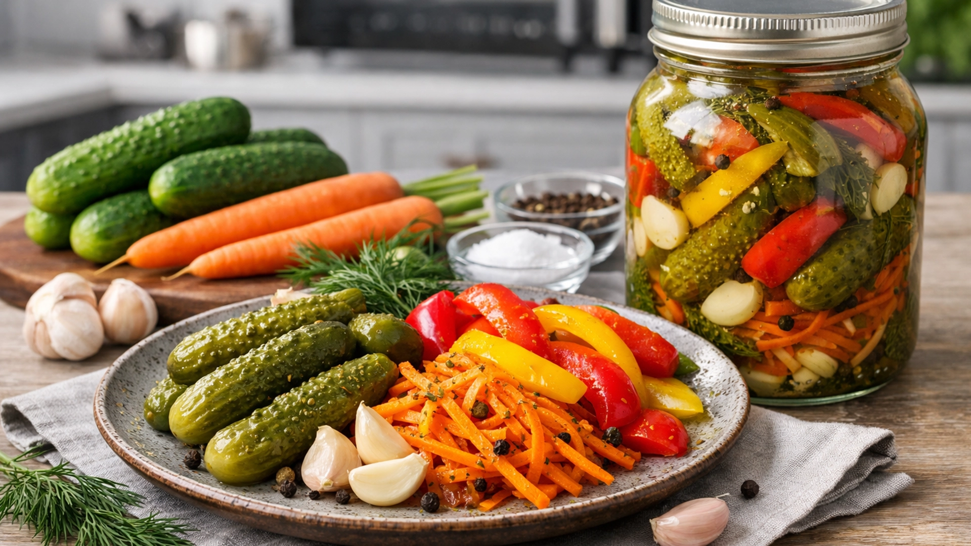 Фото блюда: Ассорти солений из огурцов перца и моркови