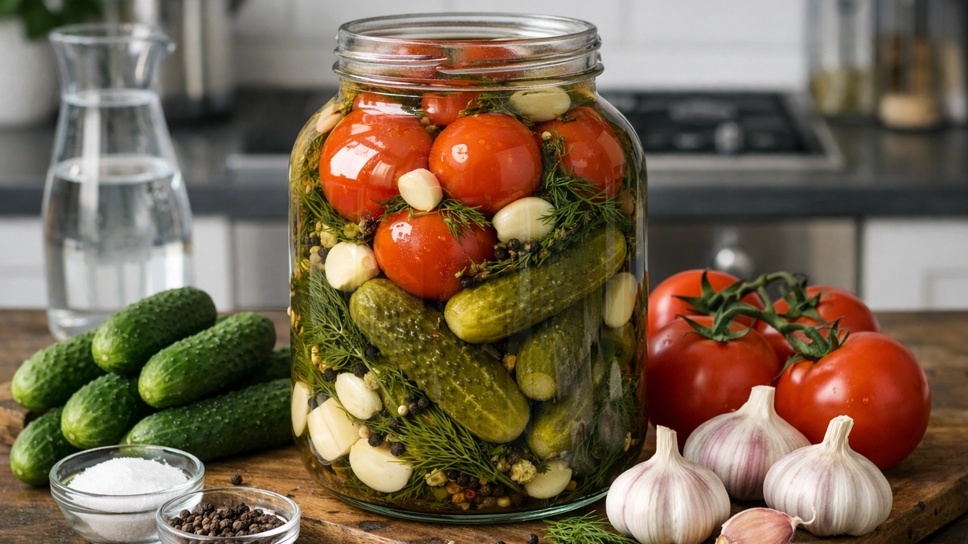 Фото блюда: Ассорти солений из огурцов помидоров и чеснока