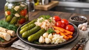 Фото блюда: Ассорти солений по деревенски с укропом и хреном
