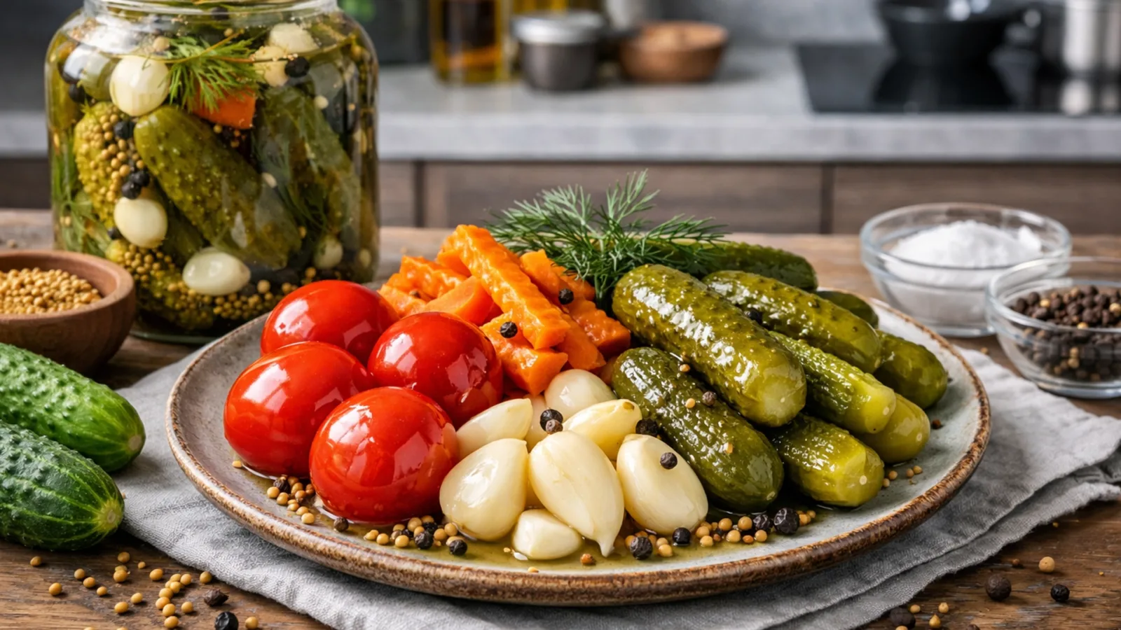 Фото блюда: Ассорти солений с чесноком и горчицей