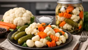 Фото блюда: Ассорти солений с цветной капустой и морковью