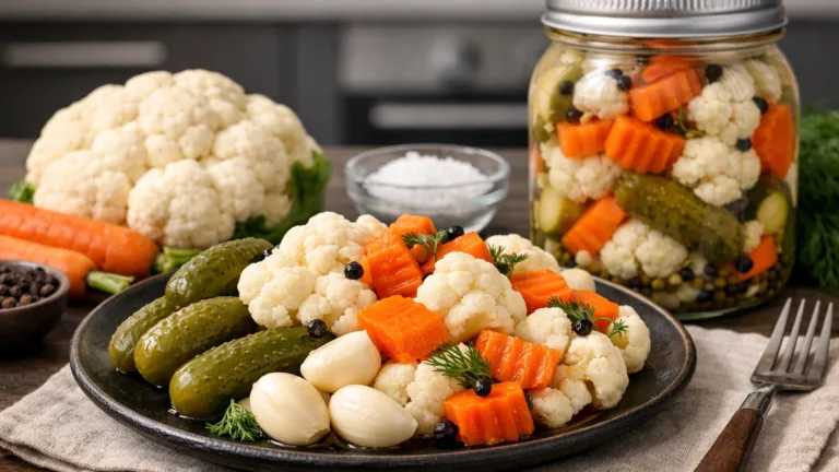 Фото блюда: Ассорти солений с цветной капустой и морковью