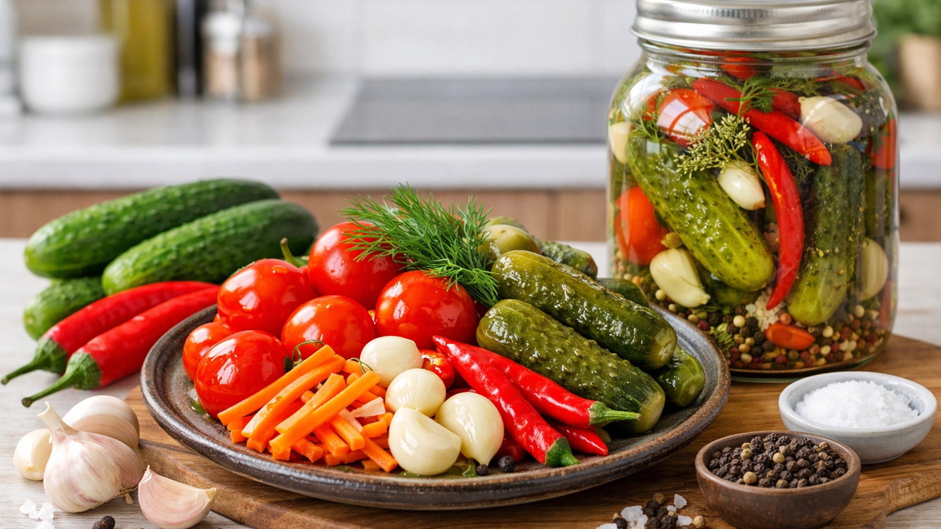 Фото блюда: Ассорти солений с острым перцем и чесноком