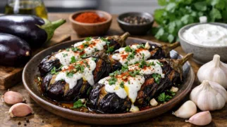 Фото рецепта: Ароматные баклажаны в тандыре с чесноком и йогуртом