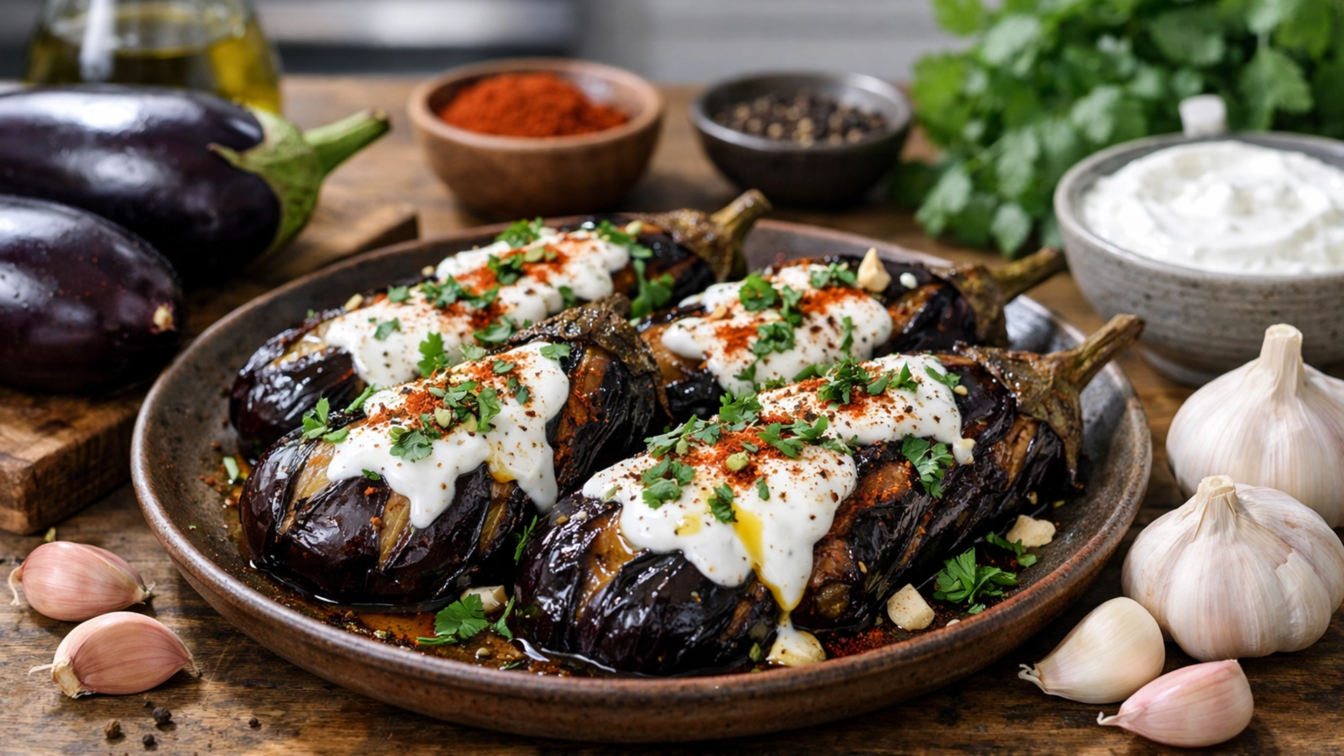 Фото блюда: Ароматные баклажаны в тандыре с чесноком и йогуртом